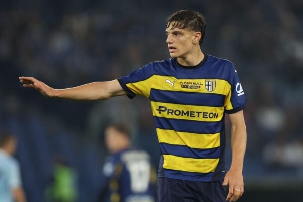 Rome, Italy. 28th Apr, 2025. Giovanni Leoni of Parma seen during Italian football championship Serie A Enilive 2024-2025 derby match between SS Lazio Vs Parma Calcio 1913 at Stadio Olimpico. Final result of the match Lazio 2 : 2 Parma (Photo by Marco Iaco
